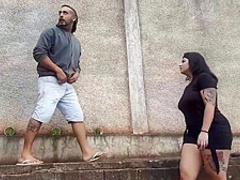 Curvaceous brunette is sucking a strangers dick outdoors and getting fucked very hard, in return