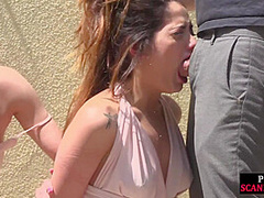 Public whipped suspension bondage slut deepthroats outdoor