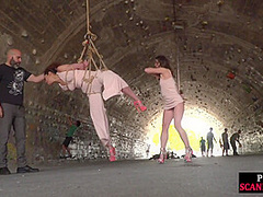 Public whipped suspension bondage slut deepthroats outdoor