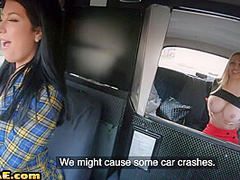 Lesbian cab driver MILF toys and rims babe client outdoor