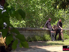 Disgraced shameless slut deepthroats in public 3some outdoor