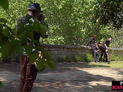 Disgraced shameless slut deepthroats in public 3some outdoor