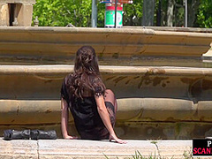 Disgraced shameless slut deepthroats in public 3some outdoor