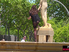 Disgraced shameless slut deepthroats in public 3some outdoor