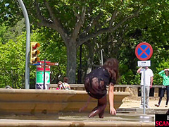 Disgraced shameless slut deepthroats in public 3some outdoor