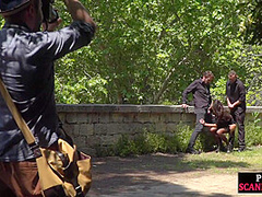 Disgraced shameless slut deepthroats in public 3some outdoor