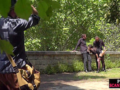 Disgraced shameless slut deepthroats in public 3some outdoor