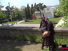 Disgraced shameless slut deepthroats in public 3some outdoor