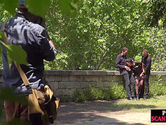 Disgraced shameless slut deepthroats in public 3some outdoor