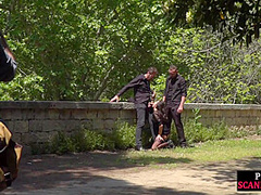 Disgraced shameless slut deepthroats in public 3some outdoor