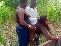 Black Power Man And Black Power Ladies Doing It In An Uncompleted And Bush 6 Min