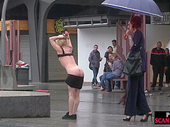 Female servant whipped outdoor by redhead femdom lady