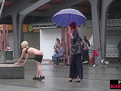Female servant whipped outdoor by redhead femdom lady