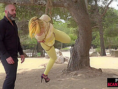 Public whore suspension bondage exposed with buttplug in ass