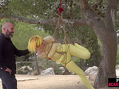 Public whore suspension bondage exposed with buttplug in ass