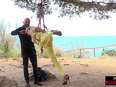 Public whore suspension bondage exposed with buttplug in ass