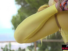 Public whore suspension bondage exposed with buttplug in ass