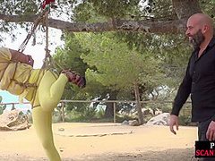 Public whore suspension bondage exposed with buttplug in ass