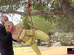 Public whore suspension bondage exposed with buttplug in ass