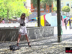 Busty ballgagged babe public fucked and whipped in 3some
