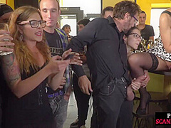 Deepthroating shameless slutty babe fucked in public orgy