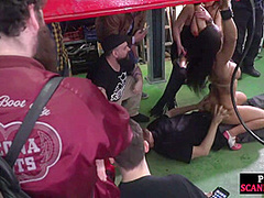Public humiliated slut whipped and fucked in front of crowd
