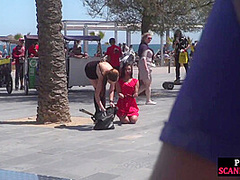 Submissive babe exposed outdoor in public by domina