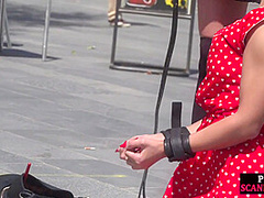 Submissive babe exposed outdoor in public by domina