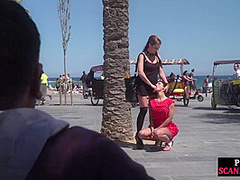 Submissive babe exposed outdoor in public by domina