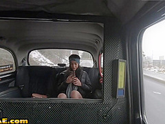 Ebony skinny babe rides taxi driver in taxi outdoor