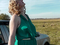 Milf Beautiful Sexy Blonde Outdoors On River Bank Washes Car Without Panties And Bra Under Dress. No Panties In Public