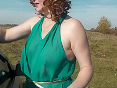 Milf Beautiful Sexy Blonde Outdoors On River Bank Washes Car Without Panties And Bra Under Dress. No Panties In Public
