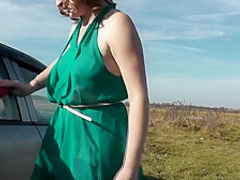 Milf Beautiful Sexy Blonde Outdoors On River Bank Washes Car Without Panties And Bra Under Dress. No Panties In Public