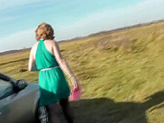 Milf Beautiful Sexy Blonde Outdoors On River Bank Washes Car Without Panties And Bra Under Dress. No Panties In Public