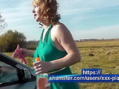 Milf Beautiful Sexy Blonde Outdoors On River Bank Washes Car Without Panties And Bra Under Dress. No Panties In Public