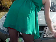 Milf Beautiful Sexy Blonde Outdoors On River Bank Washes Car Without Panties And Bra Under Dress. No Panties In Public