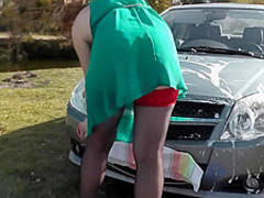 Milf Beautiful Sexy Blonde Outdoors On River Bank Washes Car Without Panties And Bra Under Dress. No Panties In Public