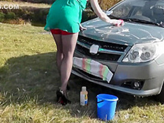 Milf Beautiful Sexy Blonde Outdoors On River Bank Washes Car Without Panties And Bra Under Dress. No Panties In Public
