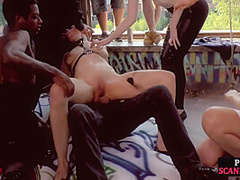 BDSM babe 3some anallydrilled and spanked by crowd in public