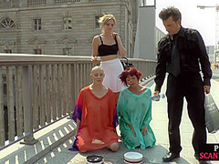BDSM babe 3some anallydrilled and spanked by crowd in public