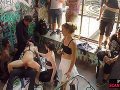 BDSM babe 3some anallydrilled and spanked by crowd in public