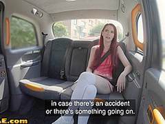Skinny redhead babe deepthroats taxi driver outdoor