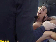 Fake boobs MILFY pussyfucked outdoor in taxi by taxi driver