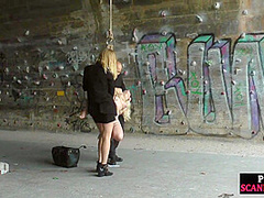BDSM babe throat fucked in public after outdoor exposing