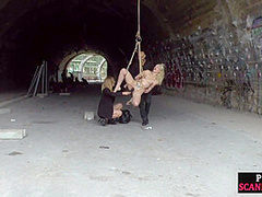 BDSM babe throat fucked in public after outdoor exposing