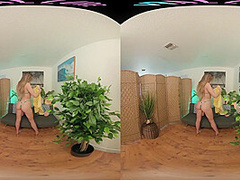 Skinny blonde strips from her bikini and masturbates in VR