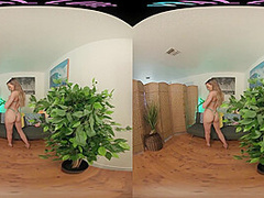 Skinny blonde strips from her bikini and masturbates in VR