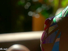 Sexy Jeny Smith poses naked. Covered with sticky tape