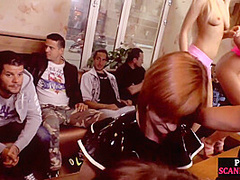 Latex slut deepthroats in public oral orgy 4 cums in mouth