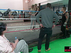 Public scandalous bitch fucked in orgy in gym by two dicks